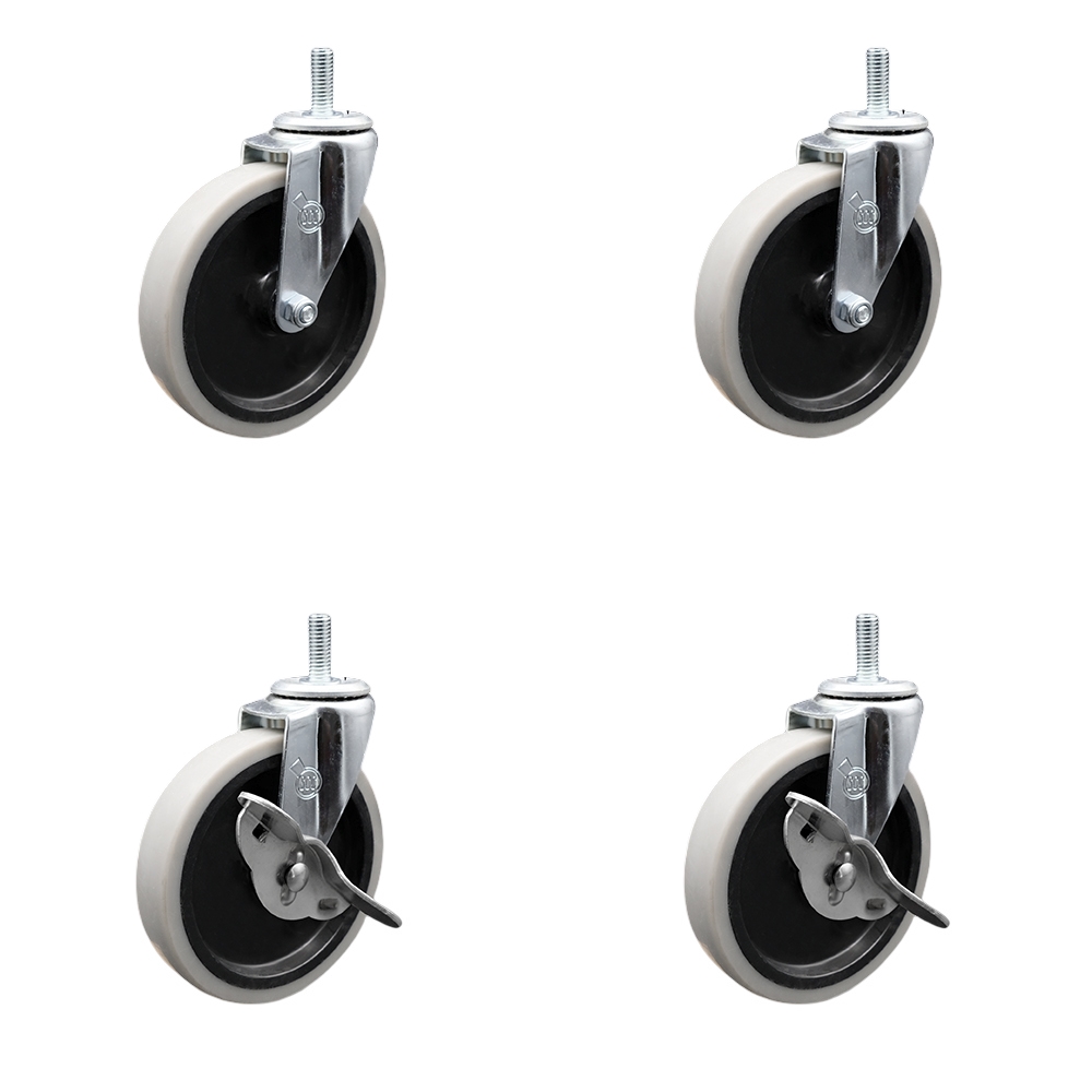 5 Inch Swivel Thermoplastic Rubber Casters Set of 4 - 8 mm - 1.25 TPI x 1.5 Inch Threaded Stem Casters - Includes 2 with Side Lock Brakes - 520 lbs. Total Capacity - Service Caster Brand — photo 1