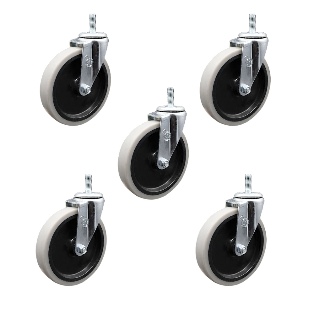 5 Inch Swivel Thermoplastic Rubber Caster Wheels and 8 mm - 1.25 TPI x 1.5 Inch Threaded Stem Casters - 650 lbs. Total Capacity - Set of 5 - Service Caster Brand — photo 1