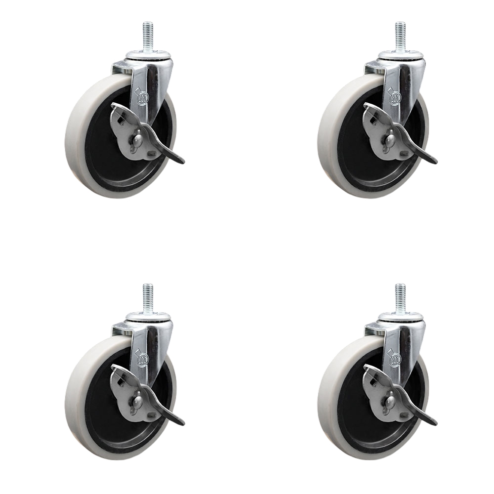 5 Inch Swivel Thermoplastic Rubber Caster Wheels and 1/2 Inch - 13 TPI x 1.5 Inch Threaded Stem Caster and Brake - 520 lbs. Total Capacity - Set of 4 - Service Caster Brand — photo 1