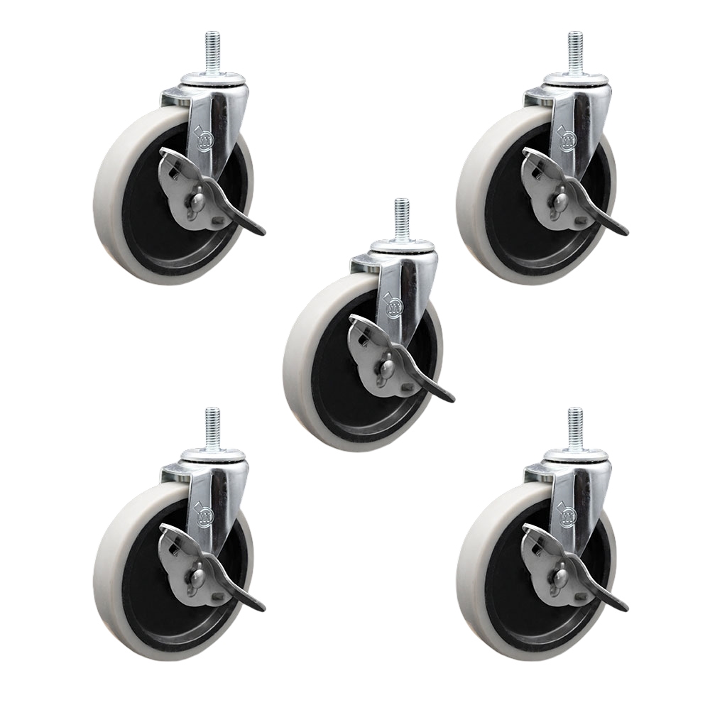 5 Inch Swivel Thermoplastic Rubber Caster Wheels and 1/2 Inch - 13 TPI x 1.5 Inch Threaded Stem Caster and Brake - 650 lbs. Total Capacity - Set of 5 - Service Caster Brand — photo 1