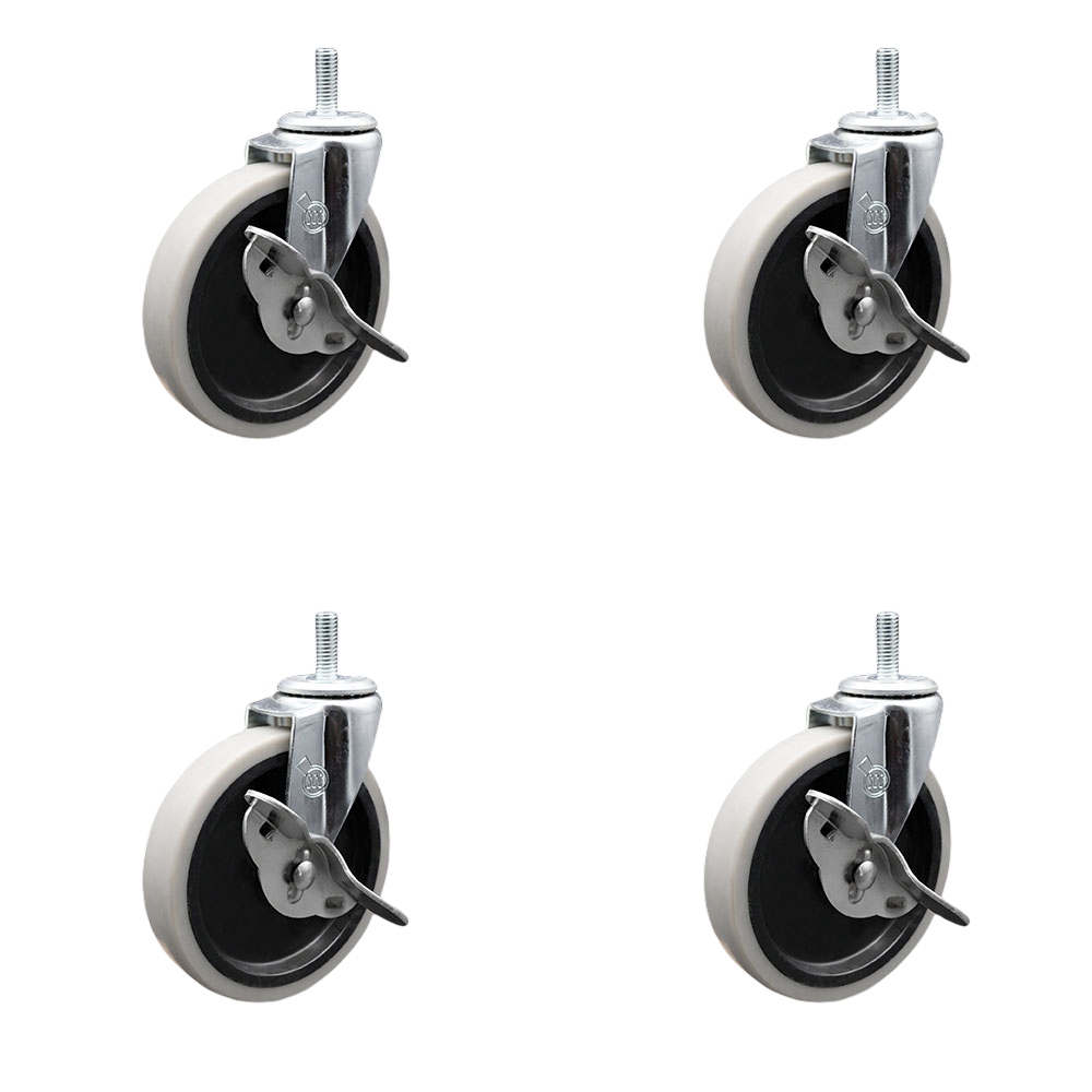 5 Inch Swivel Thermoplastic Rubber Caster Wheels and 3/8 Inch - 16 TPI x 1.5 Inch Threaded Stem Caster and Brake - 520 lbs. Total Capacity - Set of 4 - Service Caster Brand — photo 1