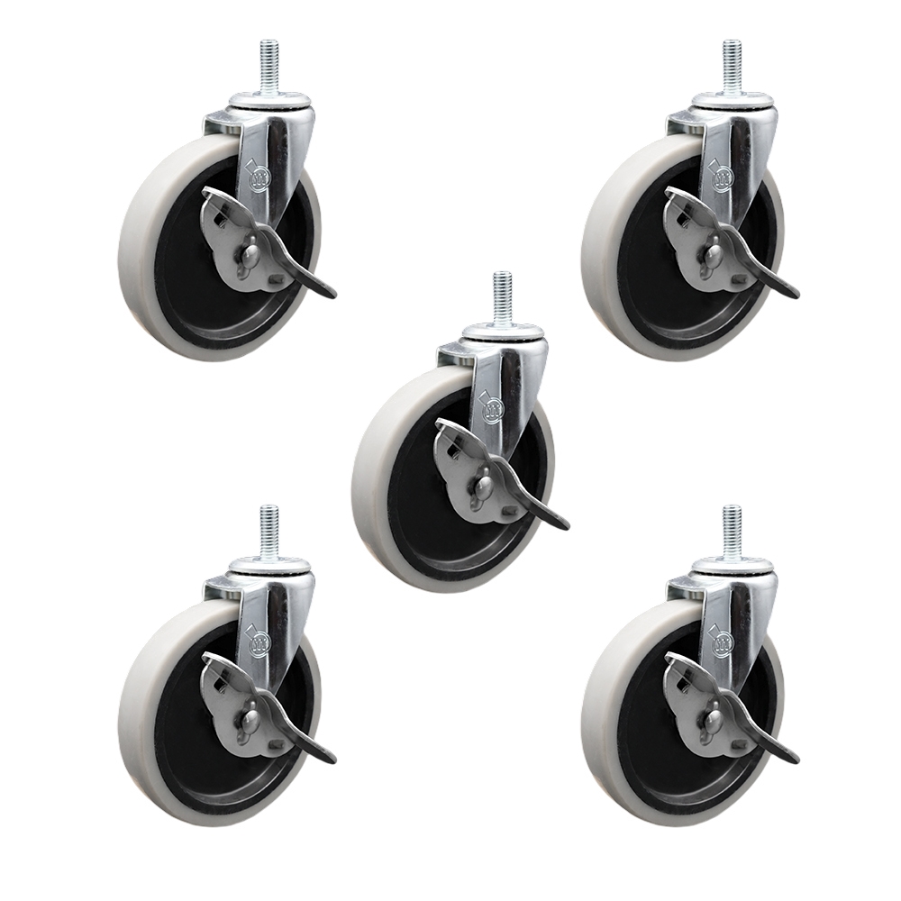5 Inch Swivel Thermoplastic Rubber Caster Wheels and 3/8 Inch - 16 TPI x 1.5 Inch Threaded Stem Caster and Brake - 650 lbs. Total Capacity - Set of 5 - Service Caster Brand — photo 1