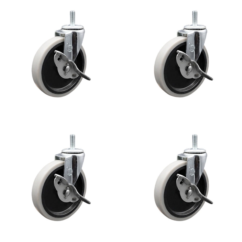5 Inch Swivel Thermoplastic Rubber Caster Wheels and 5/16 Inch - 18 TPI x 1.5 Inch Threaded Stem Caster and Brake - 520 lbs. Total Capacity - Set of 4 - Service Caster Brand — photo 1
