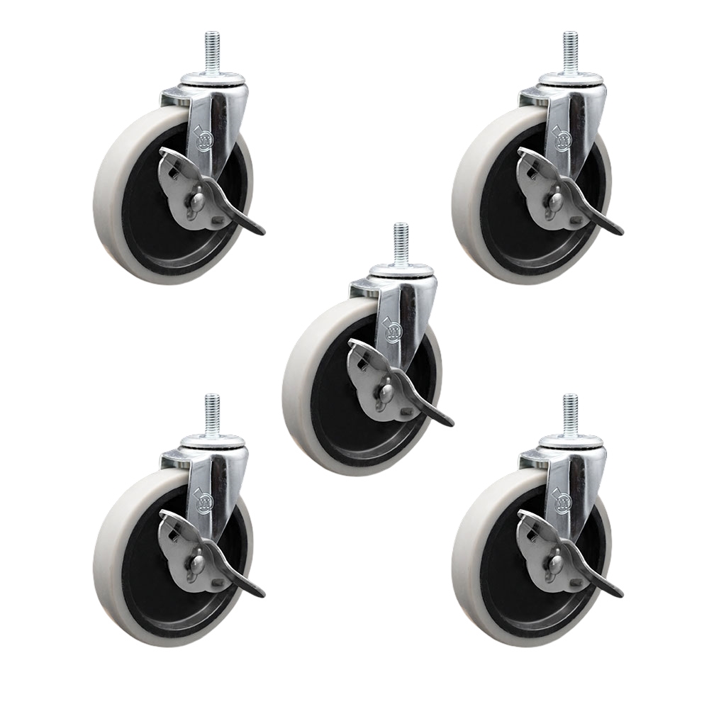 5 Inch Swivel Thermoplastic Rubber Caster Wheels and 5/16 Inch - 18 TPI x 1.5 Inch Threaded Stem Caster and Brake - 650 lbs. Total Capacity - Set of 5 - Service Caster Brand — photo 1