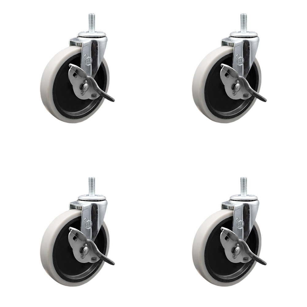 5 Inch Swivel Thermoplastic Rubber Caster Wheels and 10 mm - 1.50 TPI x 1.5 Inch Threaded Stem Caster and Brake - 520 lbs. Total Capacity - Set of 4 - Service Caster Brand — photo 1