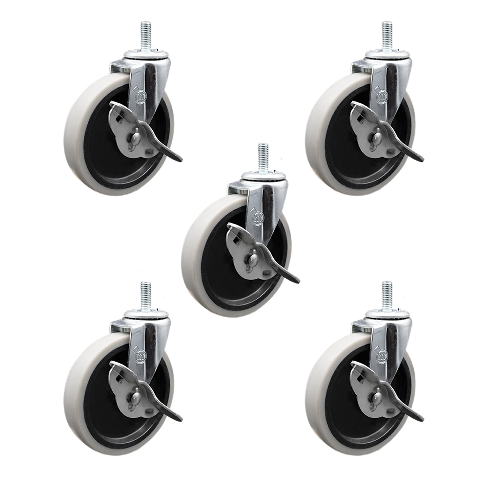 5 Inch Swivel Thermoplastic Rubber Caster Wheels and 10 mm - 1.50 TPI x 1.5 Inch Threaded Stem Caster and Brake - 650 lbs. Total Capacity - Set of 5 - Service Caster Brand — photo 1
