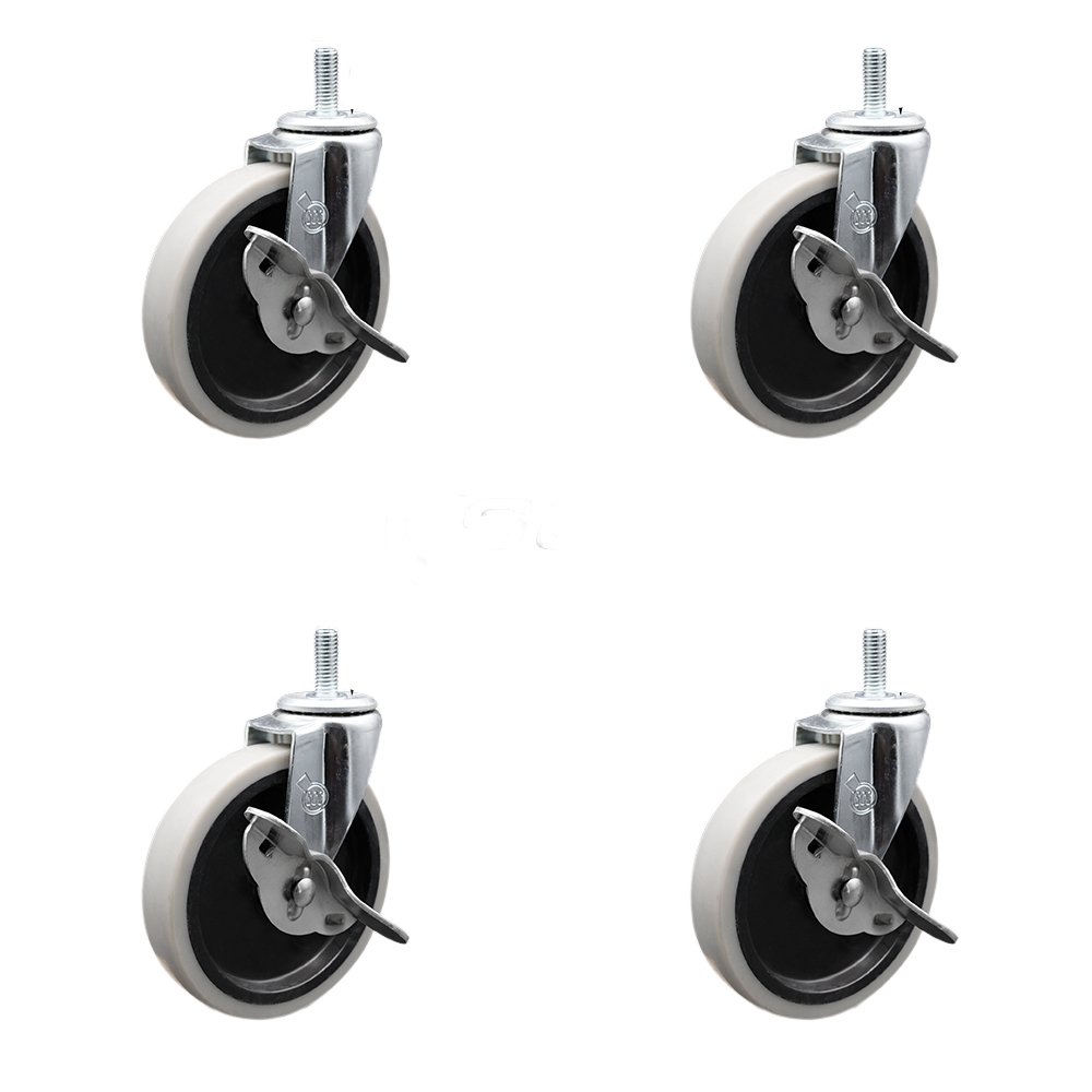 5 Inch Swivel Thermoplastic Rubber Caster Wheels and 12 mm - 1.75 TPI x 1.5 Inch Threaded Stem Caster and Brake - 520 lbs. Total Capacity - Set of 4 - Service Caster Brand — photo 1
