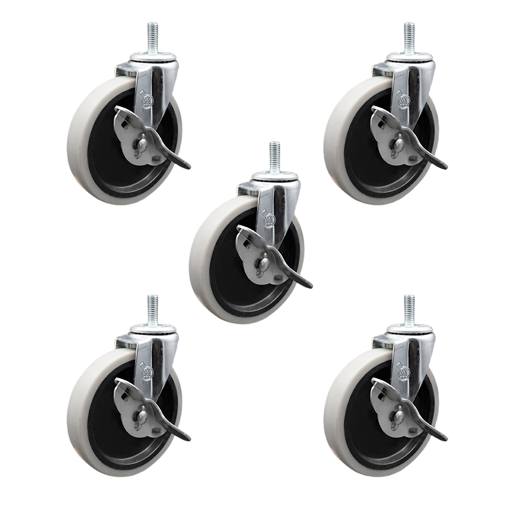 5 Inch Swivel Thermoplastic Rubber Caster Wheels and 12 mm - 1.75 TPI x 1.5 Inch Threaded Stem Caster and Brake - 650 lbs. Total Capacity - Set of 5 - Service Caster Brand — photo 1