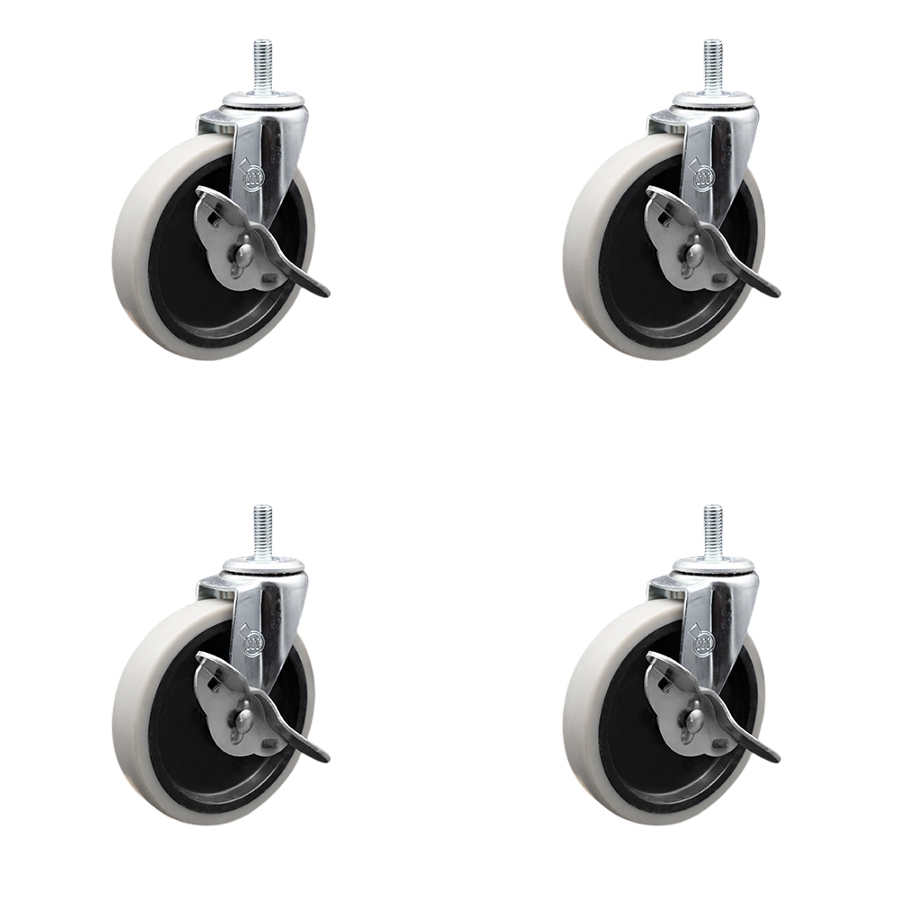 5 Inch Swivel Thermoplastic Rubber Caster Wheels and 8 mm - 1.25 TPI x 1.5 Inch Threaded Stem Caster and Brake - 520 lbs. Total Capacity - Set of 4 - Service Caster Brand — photo 1