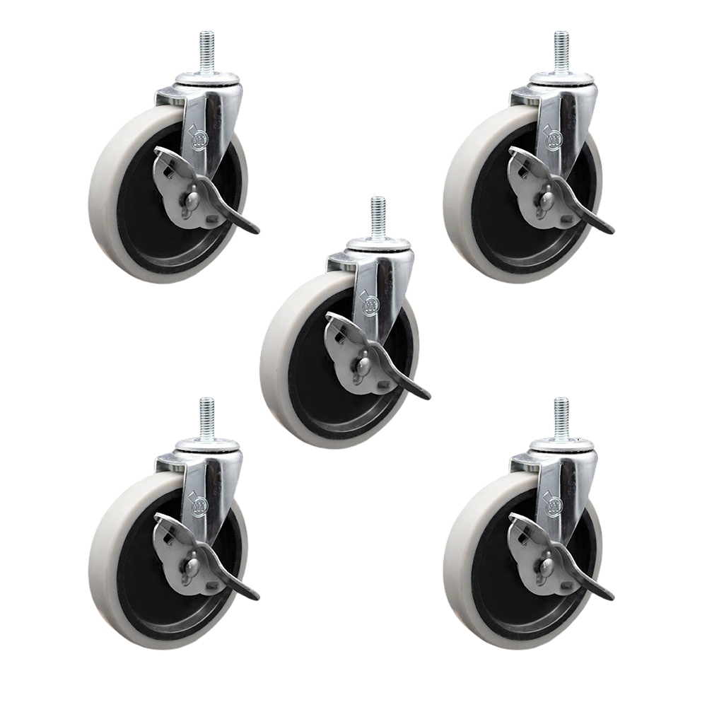 5 Inch Swivel Thermoplastic Rubber Caster Wheels and 8 mm - 1.25 TPI x 1.5 Inch Threaded Stem Caster and Brake - 650 lbs. Total Capacity - Set of 5 - Service Caster Brand — photo 1
