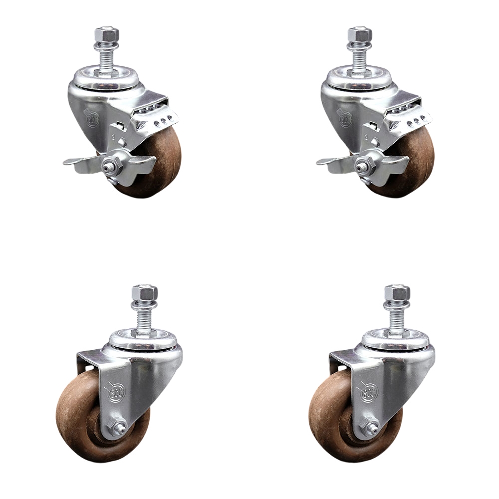 High Temp Glass Filled Nylon Swivel Threaded Stem Caster Set of 4 w/3" x 1.25" Brown Wheels and 1/2" Stems - Includes 2 with Top Locking Brake - 1400 lbs Total Capacity - Service Caster Brand — photo 1