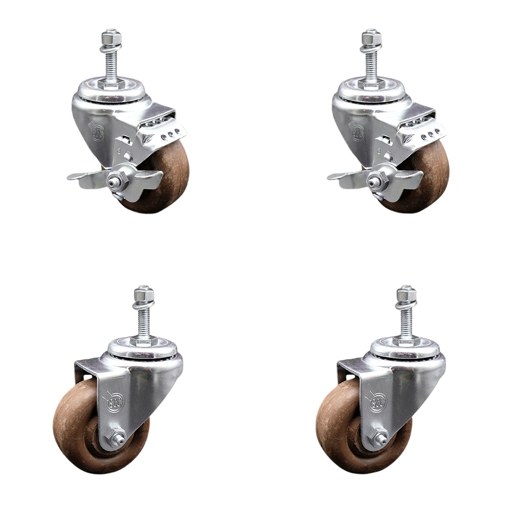 High Temp Glass Filled Nylon Swivel Threaded Stem Caster Set of 4 w/3" x 1.25" Brown Wheels and 10MM Metric Stems - Includes 2 with Top Locking Brake - 1400 lbs Total Capacity - Service Caster Brand — photo 1