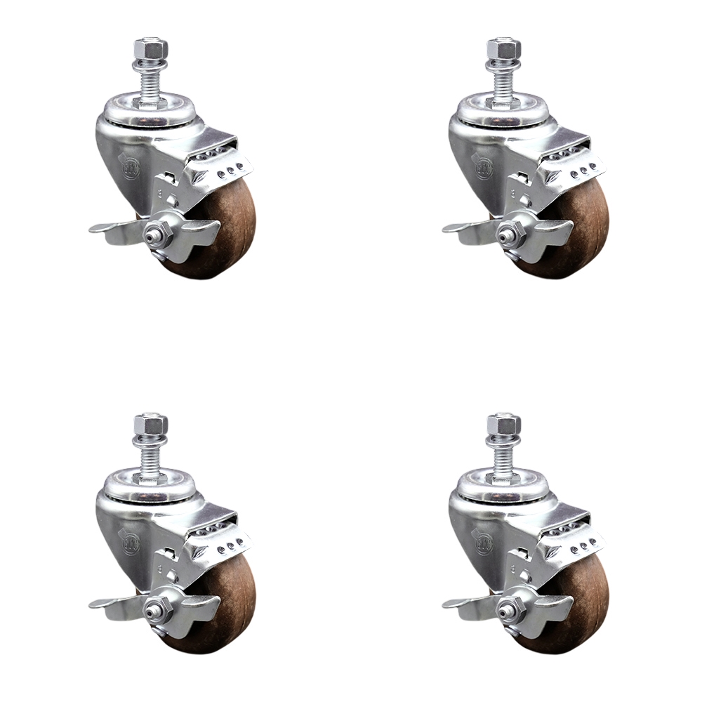High Temp Glass Filled Nylon Swivel Threaded Stem Caster Set of 4 w/3" x 1.25" Brown Wheels and 1/2" Stems - Includes 4 with Top Lock Brakes - 1400 lbs Total Capacity - Service Caster Brand — photo 1