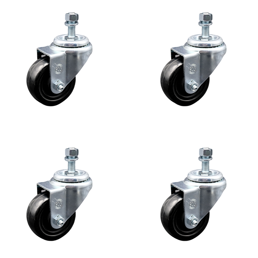 Hard Rubber Swivel Threaded Stem Caster Set of 4 w/3" x 1.25" Black Wheels and 1/2" Stems - Includes 4 Swivel - 1100 lbs Total Capacity - Service Caster Brand — photo 1