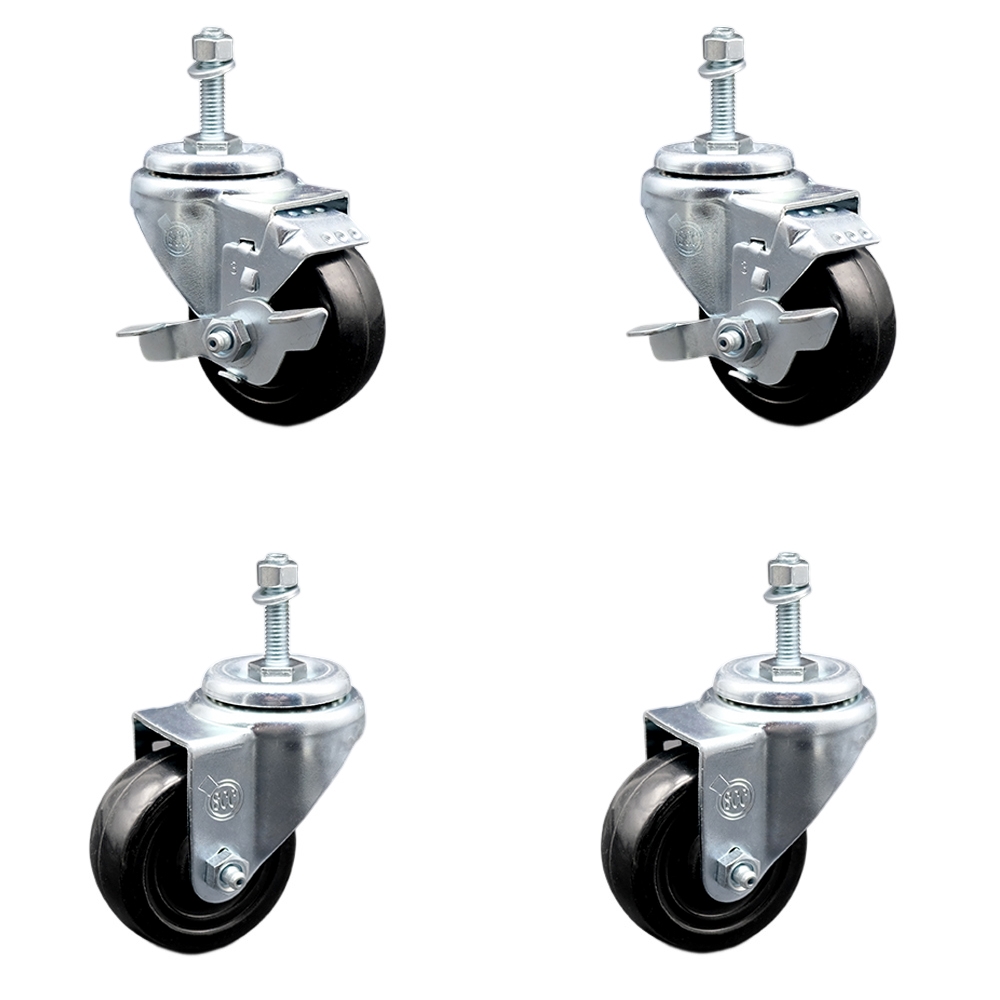 Hard Rubber Swivel Threaded Stem Caster Set of 4 w/3" x 1.25" Black Wheels and 3/8" Stems - Includes 2 with Top Locking Brake - 1100 lbs Total Capacity - Service Caster Brand — photo 1