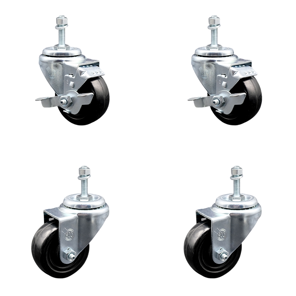 Hard Rubber Swivel Threaded Stem Caster Set of 4 w/3" x 1.25" Black Wheels and 10MM Metric Stems - Includes 2 with Top Locking Brake - 1100 lbs Total Capacity - Service Caster Brand — photo 1