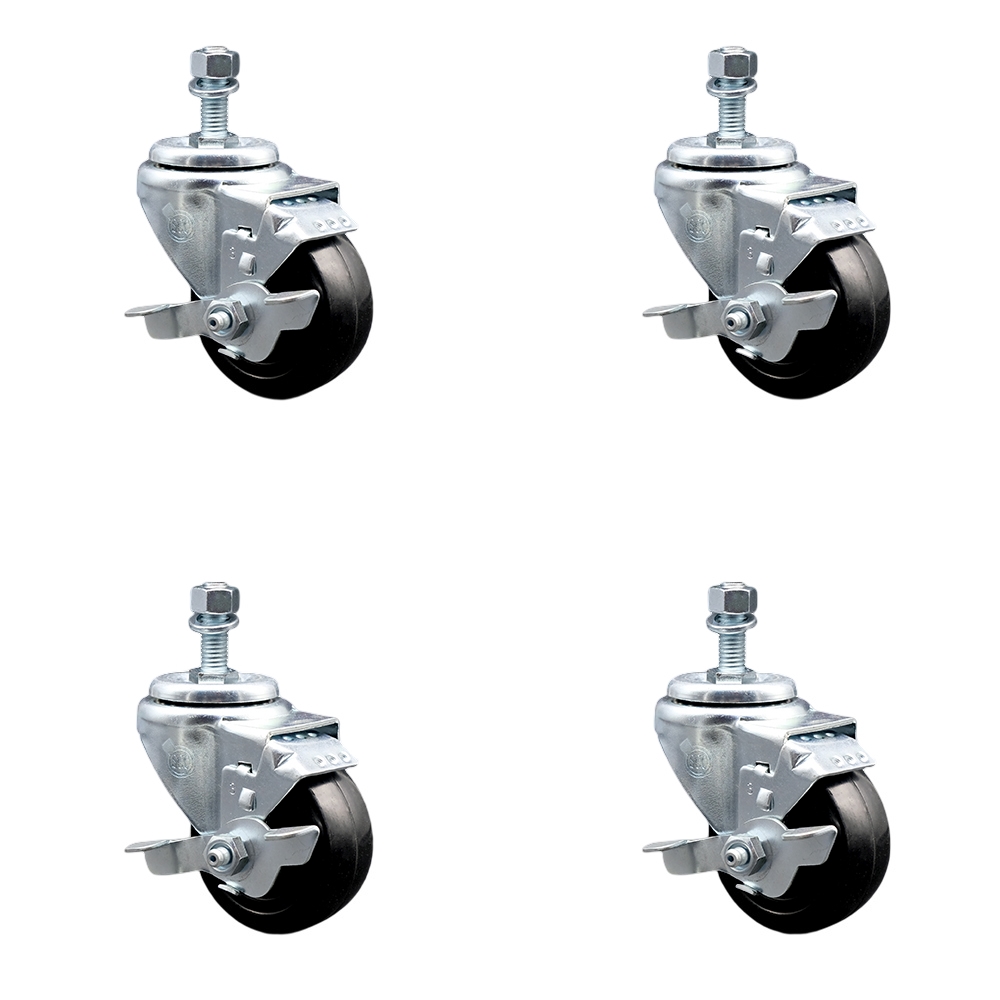 Hard Rubber Swivel Threaded Stem Caster Set of 4 w/3" x 1.25" Black Wheels and 1/2" Stems - Includes 4 with Top Lock Brakes - 1100 lbs Total Capacity - Service Caster Brand — photo 1