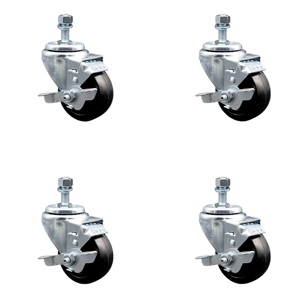 Hard Rubber Swivel Threaded Stem Caster Set of 4 w/3" x 1.25" Black Wheels and 10mm Stems - Includes 4 with Top Lock Brakes - 1100 lbs Total Capacity - Service Caster Brand — photo 1