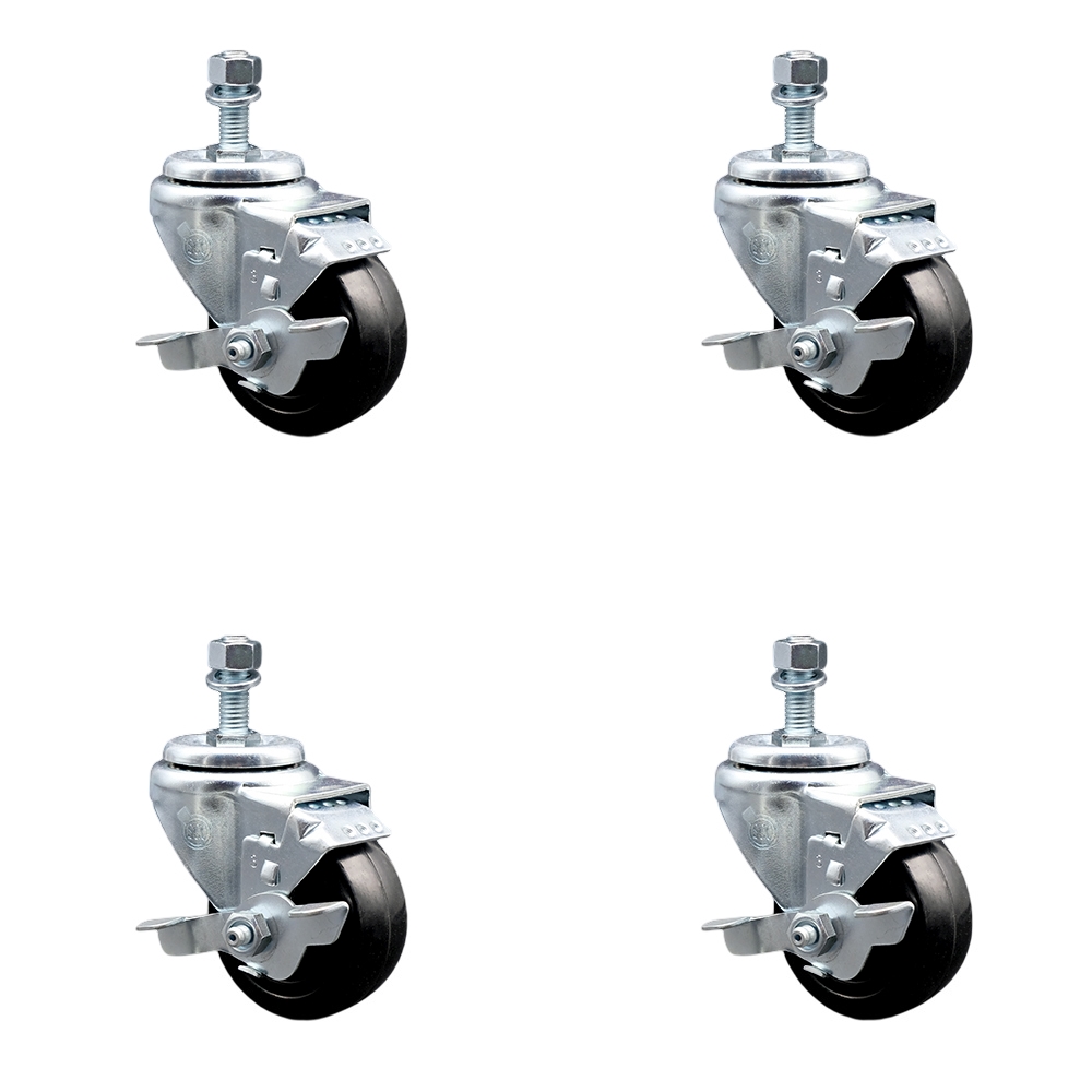 Hard Rubber Swivel Threaded Stem Caster Set of 4 w/3" x 1.25" Black Wheels and 12mm Stems - Includes 4 with Top Lock Brakes - 1100 lbs Total Capacity - Service Caster Brand — photo 1
