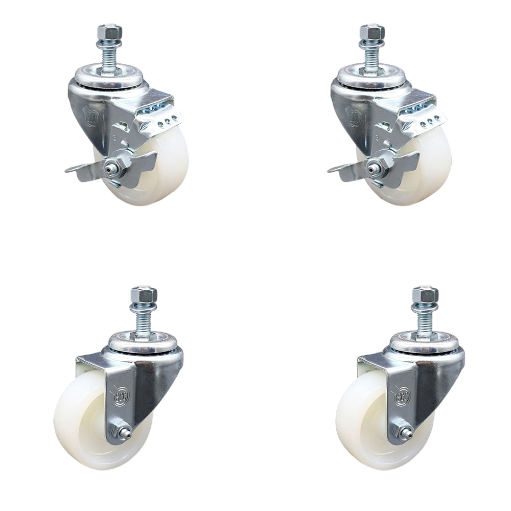 Nylon Swivel Threaded Stem Caster Set of 4 w/3" x 1.25" White Wheels and 1/2" Stems - Includes 2 with Top Locking Brake - 1200 lbs Total Capacity - Service Caster Brand — photo 1