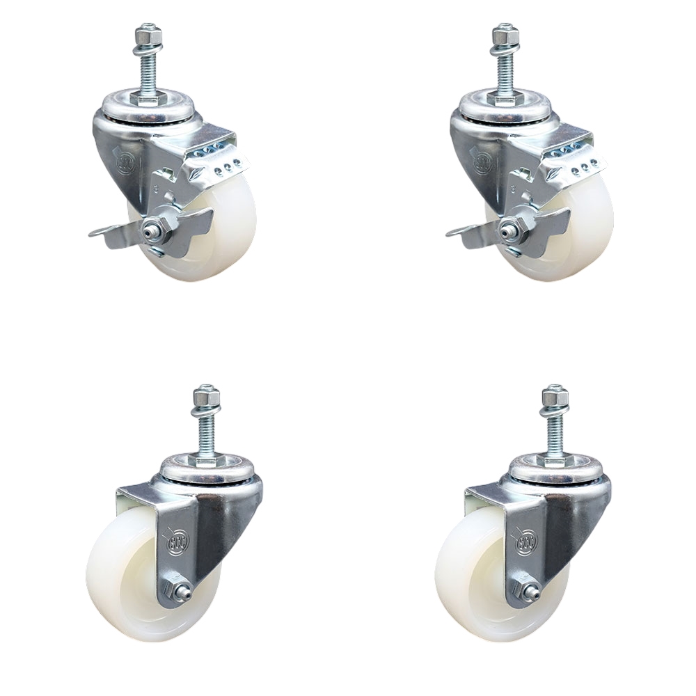 Nylon Swivel Threaded Stem Caster Set of 4 w/3" x 1.25" White Wheels and 3/8" Stems - Includes 2 with Top Locking Brake - 1200 lbs Total Capacity - Service Caster Brand — photo 1