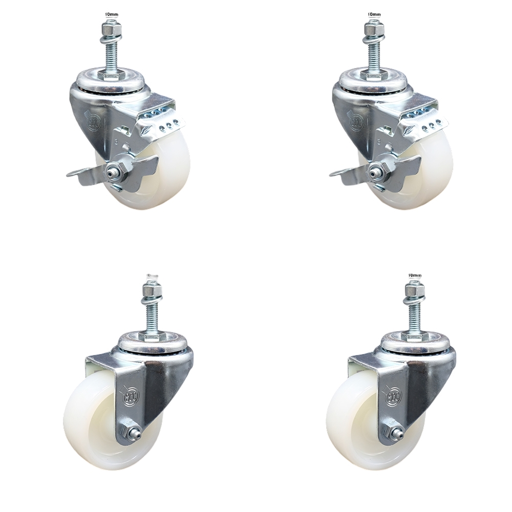 Nylon Swivel Threaded Stem Caster Set of 4 w/3" x 1.25" White Wheels and 10MM Metric Stems - Includes 2 with Top Locking Brake - 1200 lbs Total Capacity - Service Caster Brand — photo 1
