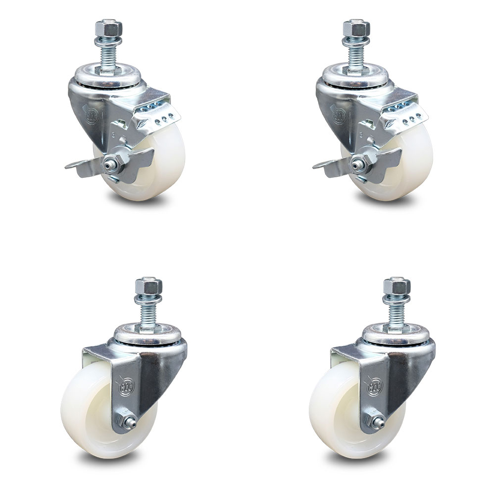 Nylon Swivel Threaded Stem Caster Set of 4 w/3" x 1.25" White Wheels and 12MM Metric Stems - Includes 2 with Top Locking Brake - 1200 lbs Total Capacity - Service Caster Brand — photo 1