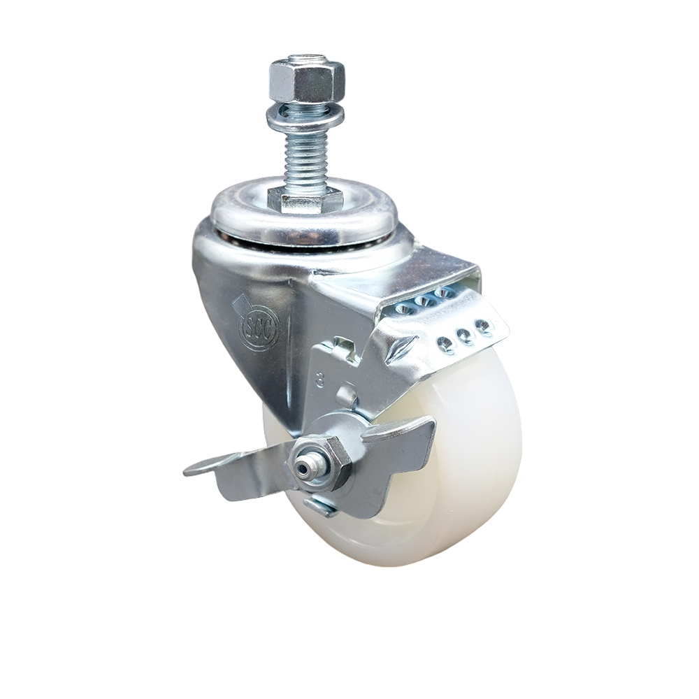 Nylon Swivel Threaded Stem Caster w/3" x 1.25" White Wheel and 12MM Metric Stem & Top Locking Brake - 300 lbs Capacity/Caster - Service Caster Brand — photo 1