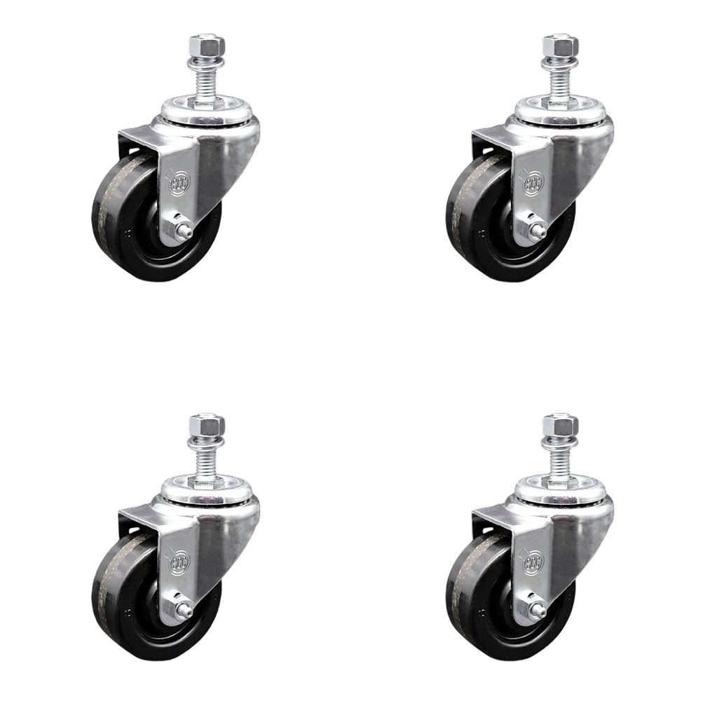 Phenolic Swivel Threaded Stem Caster w/Roller Bearing Set of 4 w/3" x 1.25" Black Wheels and 1/2" Stems - Includes 4 Swivel - 1200 lbs Total Capacity - Service Caster Brand — photo 1