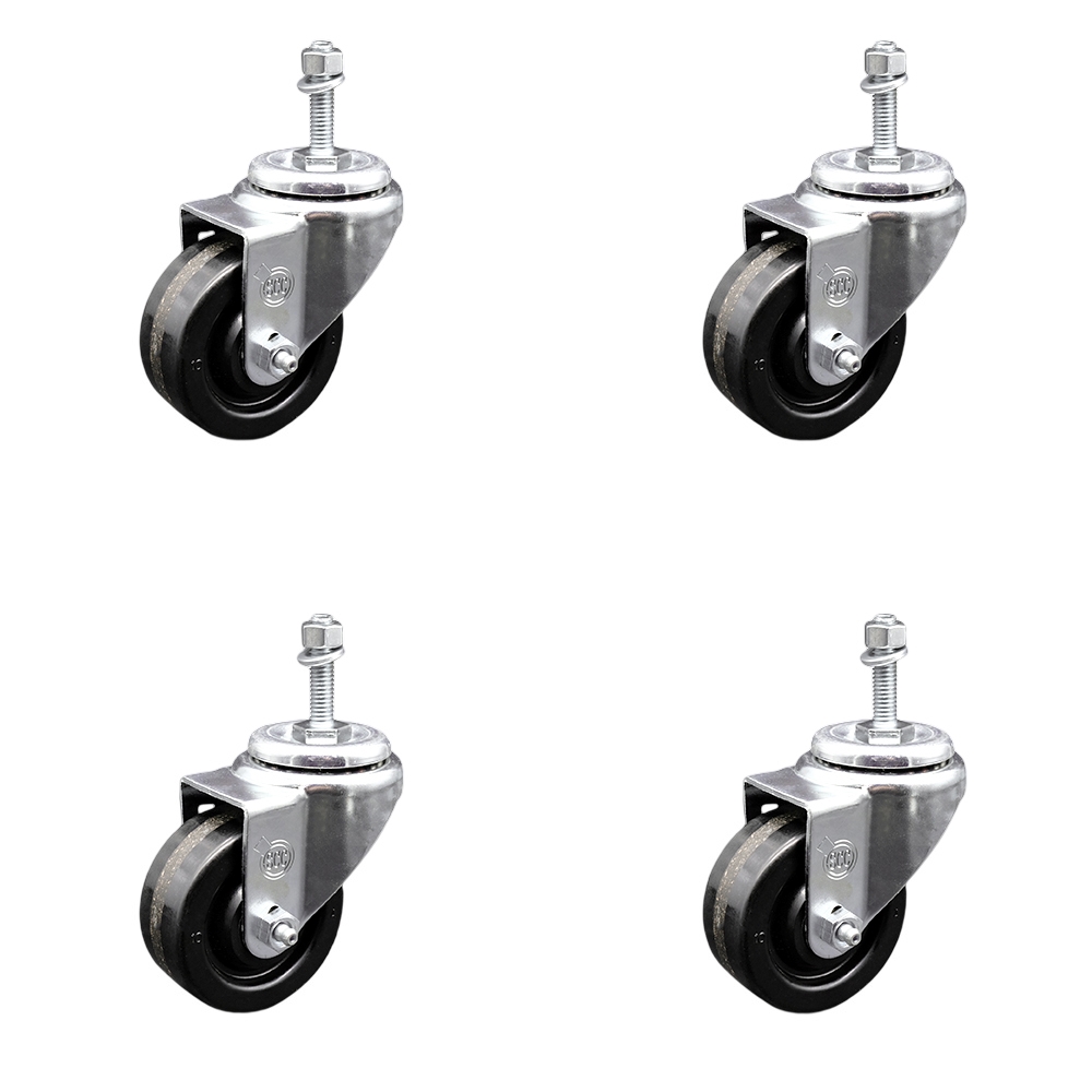 Phenolic Swivel Threaded Stem Caster w/Roller Bearing Set of 4 w/3" x 1.25" Black Wheels and 3/8" Stems - Includes 4 Swivel - 1200 lbs Total Capacity - Service Caster Brand — photo 1