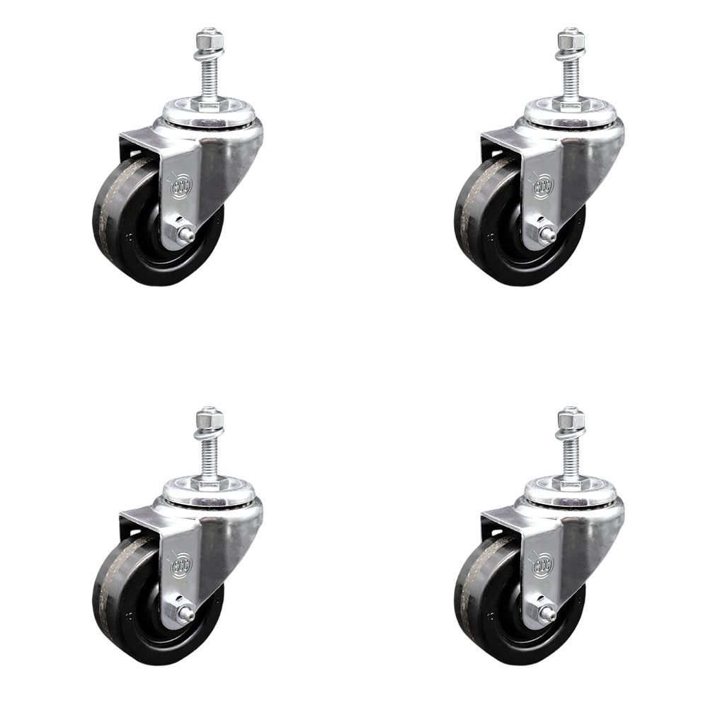Phenolic Swivel Threaded Stem Caster w/Roller Bearing Set of 4 w/3" x 1.25" Black Wheels and 10mm Stems - Includes 4 Swivel - 1200 lbs Total Capacity - Service Caster Brand — photo 1