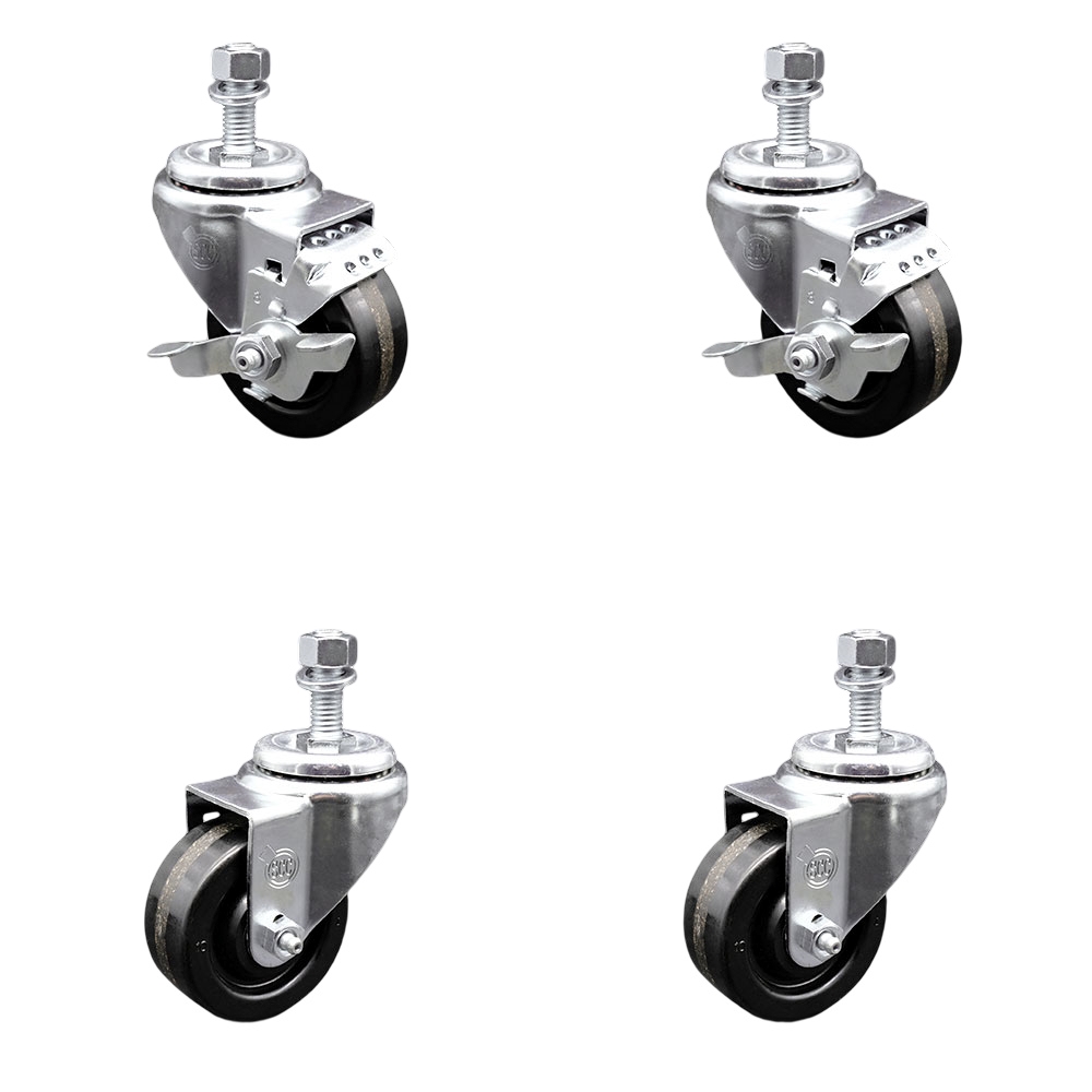 Phenolic Swivel Threaded Stem Caster Set of 4 w/Roller Bearing - 3" x 1.25" Black Wheels and 12MM Metric Stems - Includes 2 with Top Locking Brake - 1200 lbs Total Capacity - Service Caster Brand — photo 1