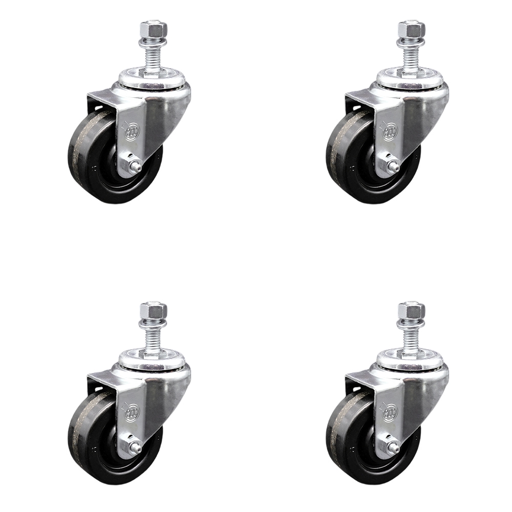 Phenolic Swivel Threaded Stem Caster w/Roller Bearing Set of 4 w/3" x 1.25" Black Wheels and 12mm Stems - Includes 4 Swivel - 1200 lbs Total Capacity - Service Caster Brand — photo 1