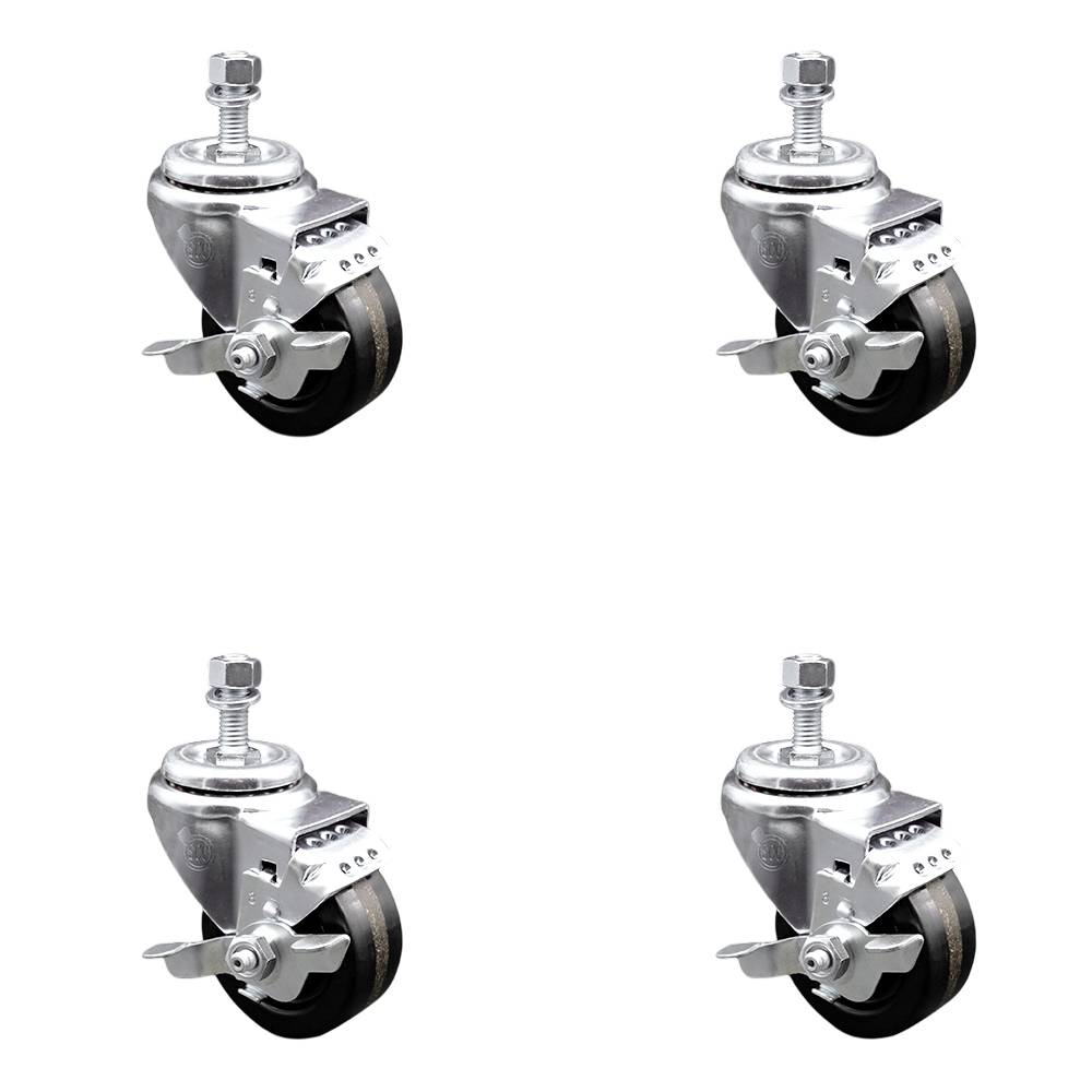 Phenolic Swivel Threaded Stem Caster w/Roller Bearing Set of 4 w/3" x 1.25" Black Wheels and 1/2" Stems - Includes 4 with Top Lock Brakes - 1200 lbs Total Capacity - Service Caster Brand — photo 1