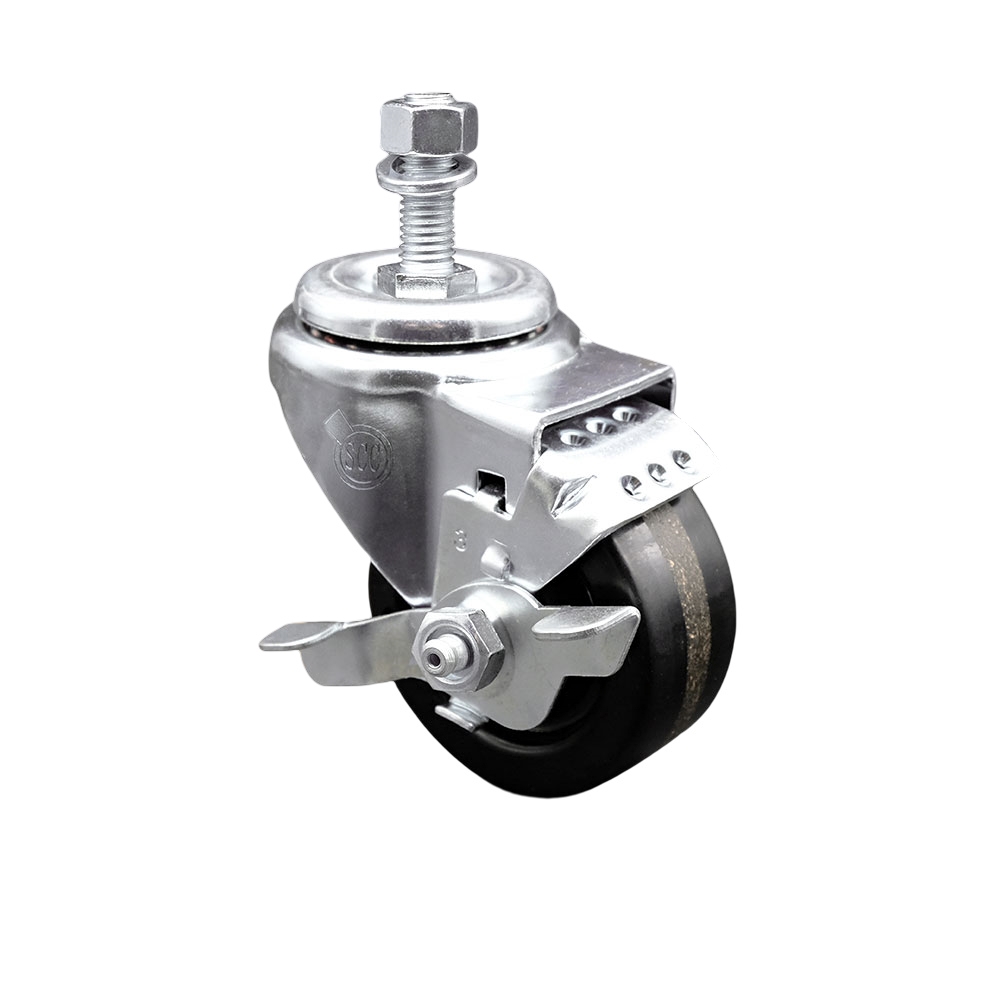 Phenolic Swivel Threaded Stem Caster w/Roller Bearing - 3" x 1.25" Black Wheel and 1/2" Stem & Top Locking Brake - 300 lbs Capacity/Caster - Service Caster Brand — photo 1