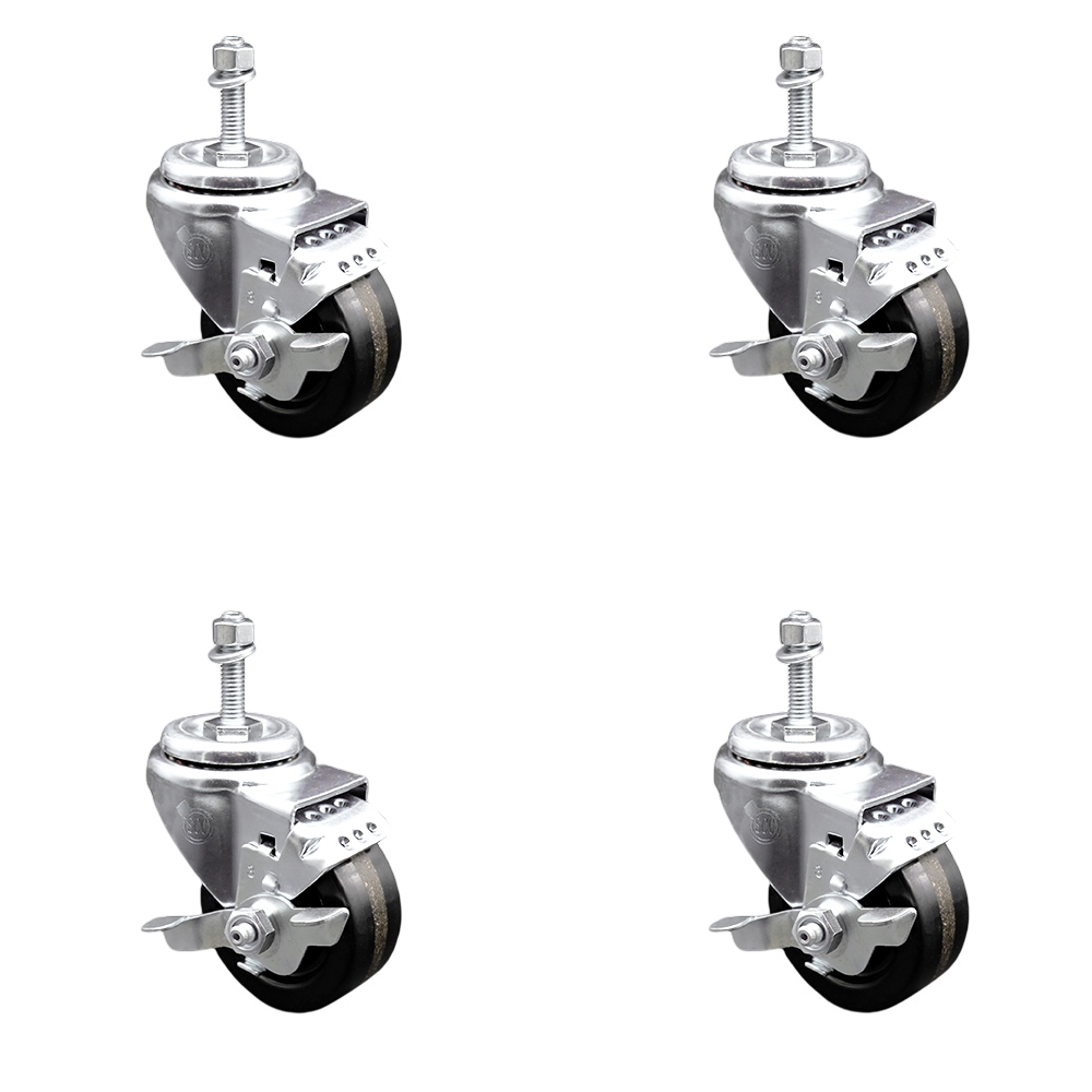 Phenolic Swivel Threaded Stem Caster w/Roller Bearing Set of 4 w/3" x 1.25" Black Wheels and 3/8" Stems - Includes 4 with Top Lock Brakes - 1200 lbs Total Capacity - Service Caster Brand — photo 1
