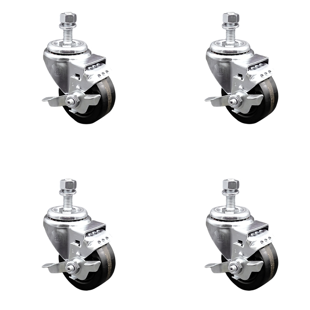 Phenolic Swivel Threaded Stem Caster w/Roller Bearing Set of 4 w/3" x 1.25" Black Wheels and 12mm Stems - Includes 4 with Top Lock Brakes - 1200 lbs Total Capacity - Service Caster Brand — photo 1