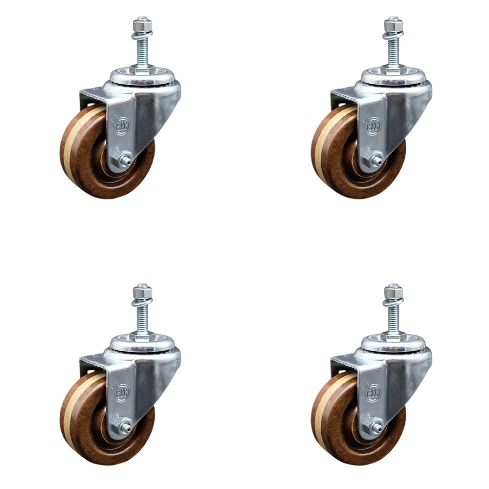 High Temperature Phenolic Swivel Threaded Stem Caster Set of 4 w/3" x 1.25" Brown Wheels and 3/8" Stems - Includes 4 Swivel - 1200 lbs Total Capacity - Service Caster Brand — photo 1