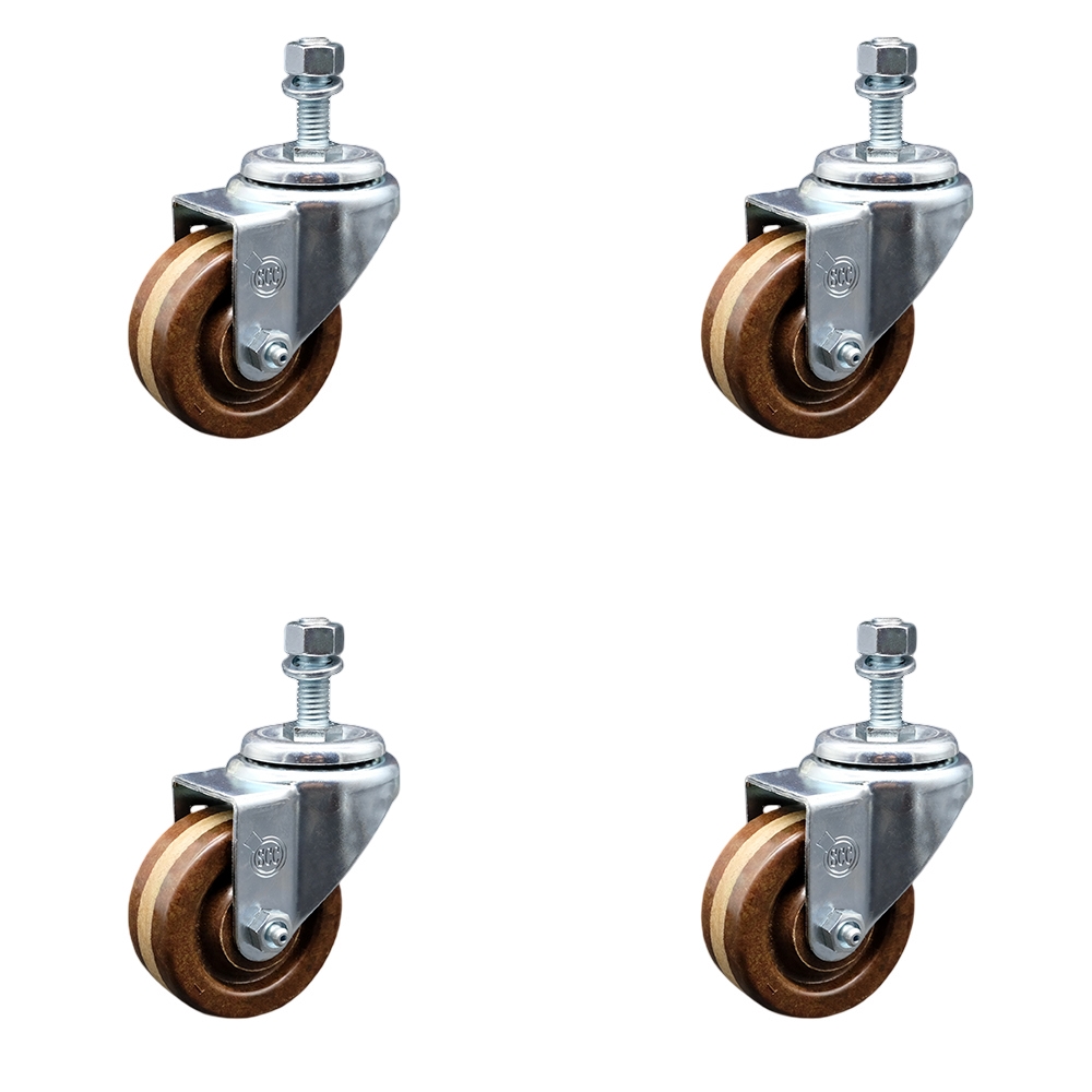 High Temperature Phenolic Swivel Threaded Stem Caster Set of 4 w/3" x 1.25" Brown Wheels and 10mm Stems - Includes 4 Swivel - 1200 lbs Total Capacity - Service Caster Brand — photo 1
