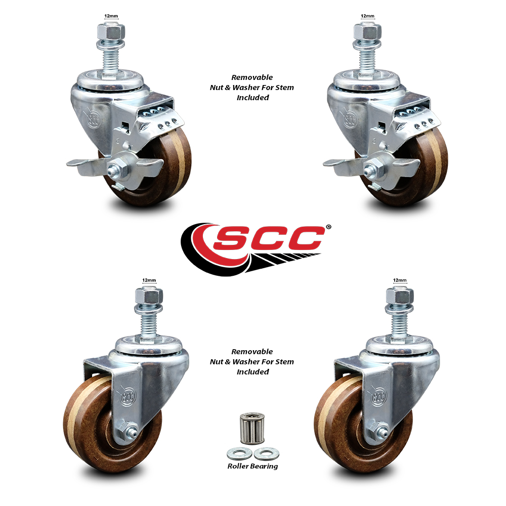 High Temperature Phenolic Swivel Threaded Stem Caster Set 4 w/Roller Bearing - 3" x 1.25" Brown Wheels & 12MM Metric Stems-Includes 2 with Top Locking Brake-1200lbs Total Capacity-Service Caster Brand — photo 1