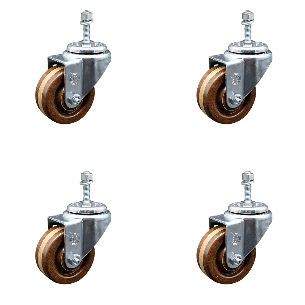 High Temperature Phenolic Swivel Threaded Stem Caster Set of 4 w/3" x 1.25" Brown Wheels and 12mm Stems - Includes 4 Swivel - 1200 lbs Total Capacity - Service Caster Brand — photo 1