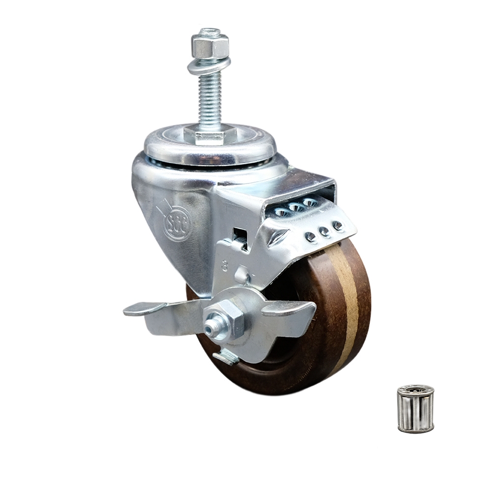 High Temperature Phenolic Swivel Threaded Stem Caster w/Roller Bearing - 3" x 1.25" Brown Wheel and 3/8" Stem & Top Locking Brake - 300 lbs Capacity/Caster - Service Caster Brand — photo 1