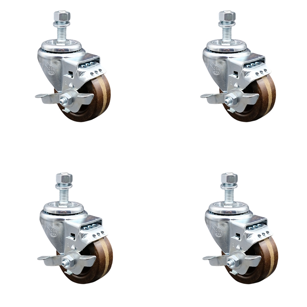 High Temperature Phenolic Swivel Threaded Stem Caster Set of 4 w/3" x 1.25" Brown Wheels and 10mm Stems - Includes 4 with Top Lock Brakes - 1200 lbs Total Capacity - Service Caster Brand — photo 1
