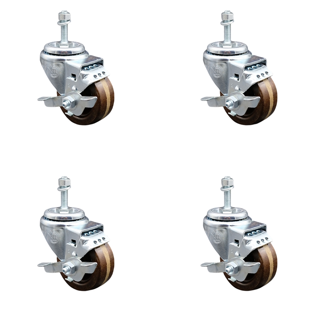 High Temperature Phenolic Swivel Threaded Stem Caster w/Roller Bearing Set of 4 w/3" x 1.25" Brown Wheels & 12mm Stems - Includes 4 with Top Lock Brakes - 1200 lbs Total Capacity -Service Caster Brand — photo 1