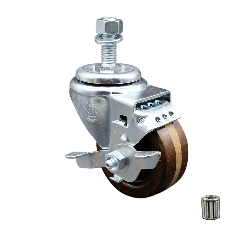 High Temperature Phenolic Swivel Threaded Stem Caster w/Roller Bearing - 3" x 1.25" Brown Wheel and 12MM Metric Stem & Top Locking Brake - 300 lbs Capacity/Caster - Service Caster Brand — photo 1