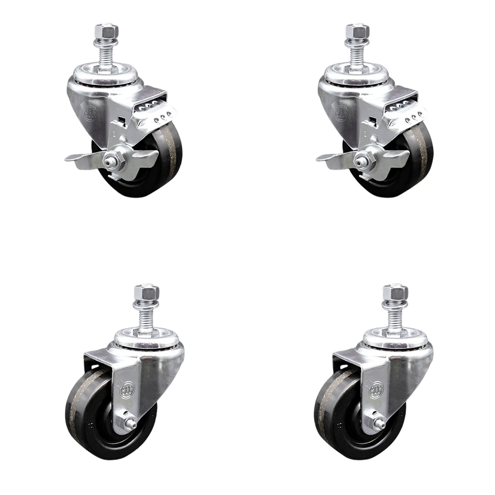 Phenolic Swivel Threaded Stem Caster Set of 4 w/3" x 1.25" Black Wheels and 1/2" Stems - Includes 2 with Top Locking Brake - 1200 lbs Total Capacity - Service Caster Brand — photo 1