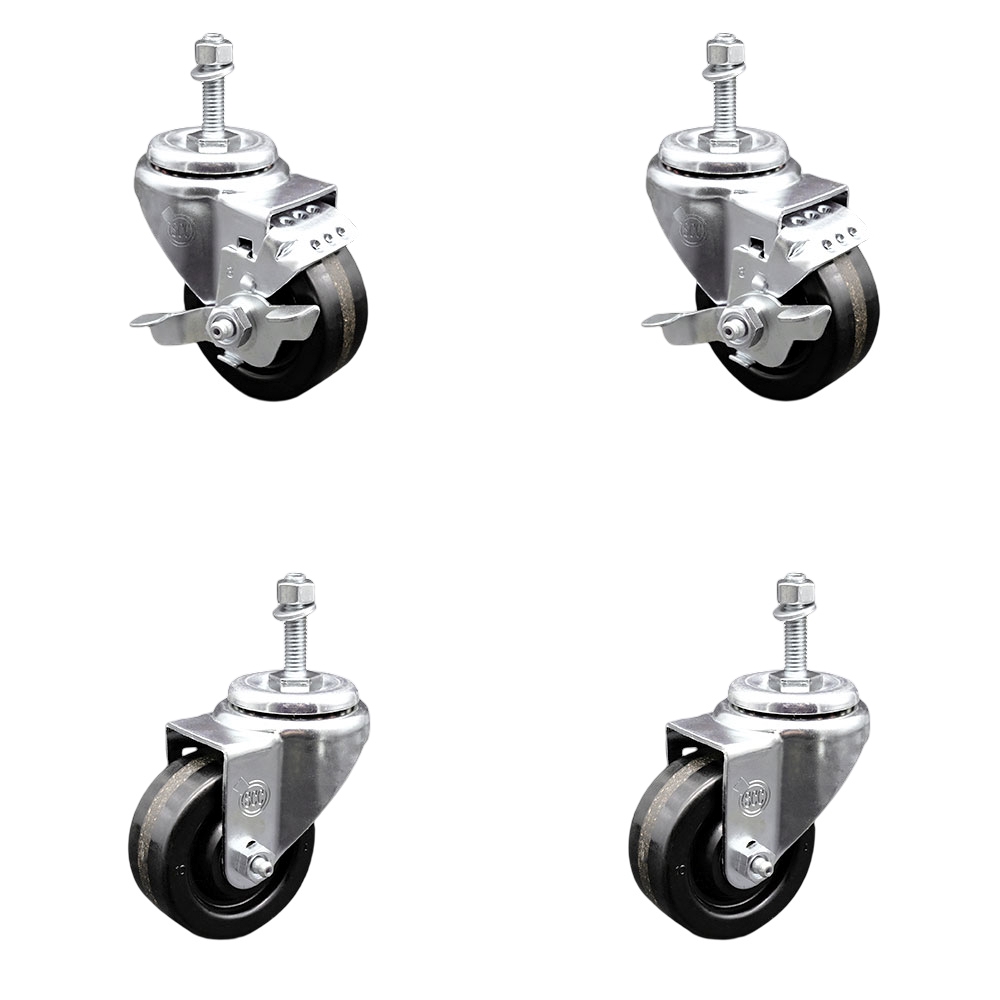 Phenolic Swivel Threaded Stem Caster Set of 4 w/3" x 1.25" Black Wheels and 3/8" Stems - Includes 2 with Top Locking Brake - 1200 lbs Total Capacity - Service Caster Brand — photo 1