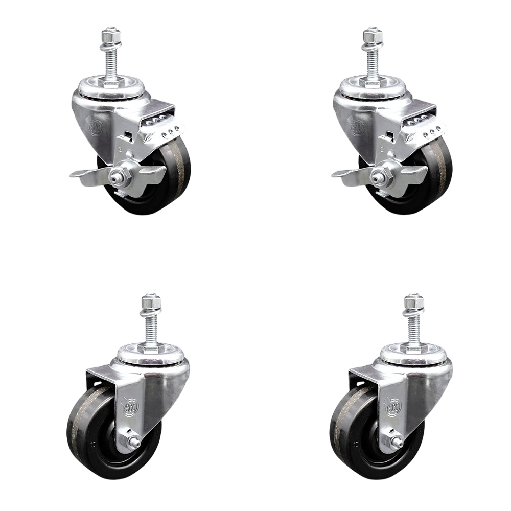 Phenolic Swivel Threaded Stem Caster Set of 4 w/3" x 1.25" Black Wheels and 10MM Metric Stems - Includes 2 with Top Locking Brake - 1200 lbs Total Capacity - Service Caster Brand — photo 1