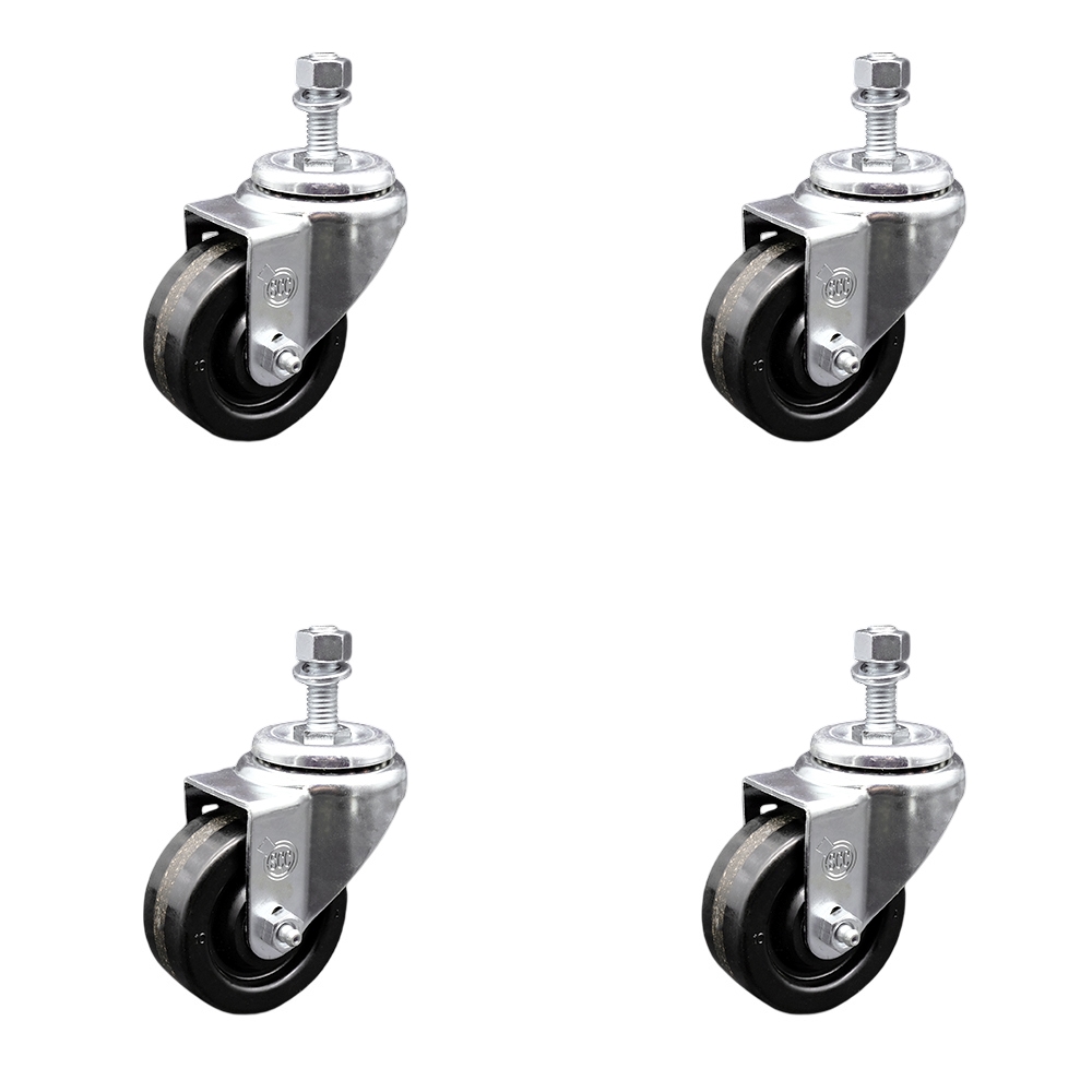 Phenolic Swivel Threaded Stem Caster Set of 4 w/3" x 1.25" Black Wheels and 10mm Stems - Includes 4 Swivel - 1200 lbs Total Capacity - Service Caster Brand — photo 1