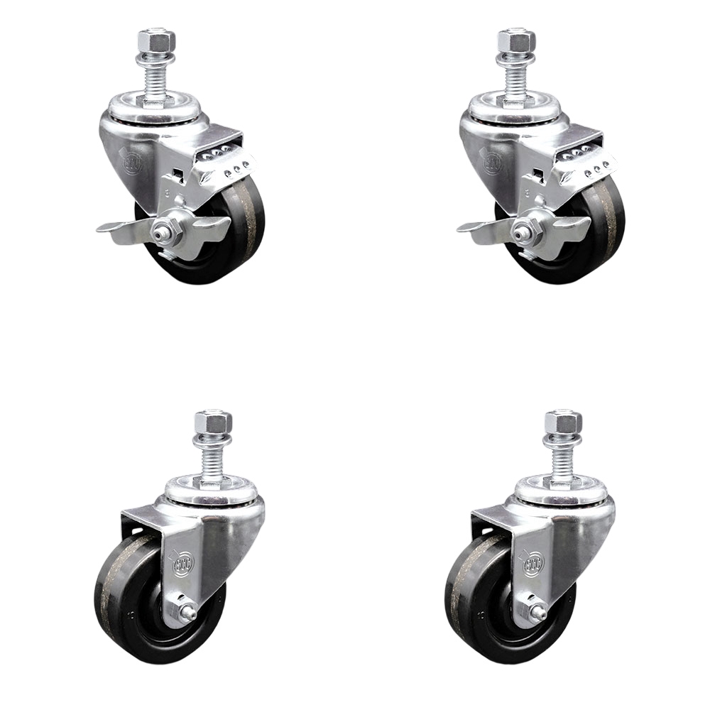 Phenolic Swivel Threaded Stem Caster Set of 4 w/3" x 1.25" Black Wheels and 12MM Metric Stems - Includes 2 with Top Locking Brake - 1200 lbs Total Capacity - Service Caster Brand — photo 1